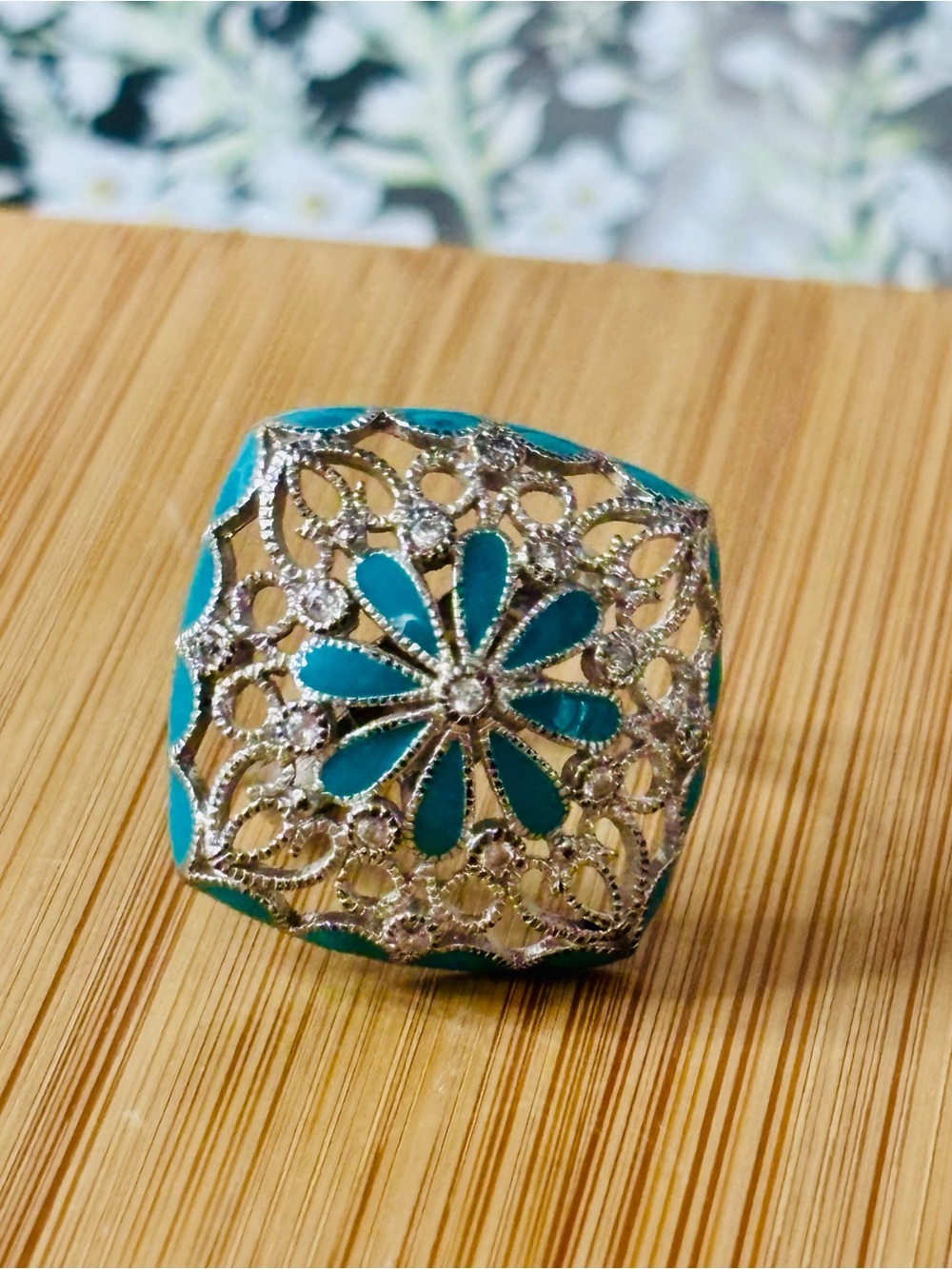 Boho Turquoise Blue Enamel Filigree Statement Ring Size 5.5 Silver Tone Openwork
